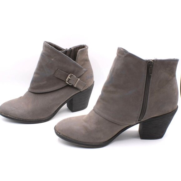 Blowfish Shoes - Blowfish Gray Taupe Suede Ankle Leather Boots Size 10 Buckle Side Zipper Booties